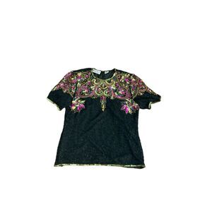 Vintage Black Silk Top w Embellishment Short Sleeve-by Laurence Kazar-Medium